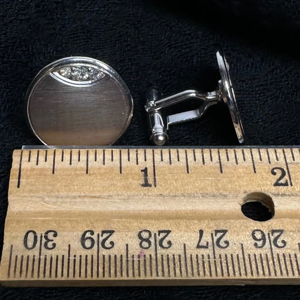 Vintage‎ Round Silver Tone Cufflinks Brushed Finish Rhinestone Accent